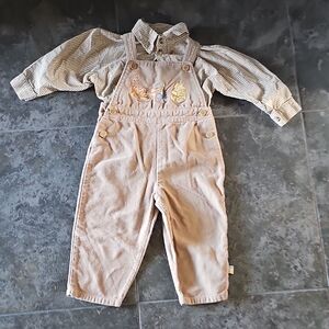 Pooh Disney Beige Overalls with Character Embroidery